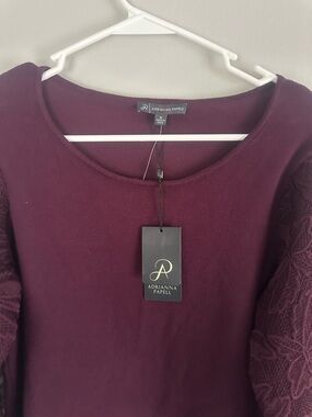 Adrianna Papell Eggplant Knit Top with Lace Sleeves